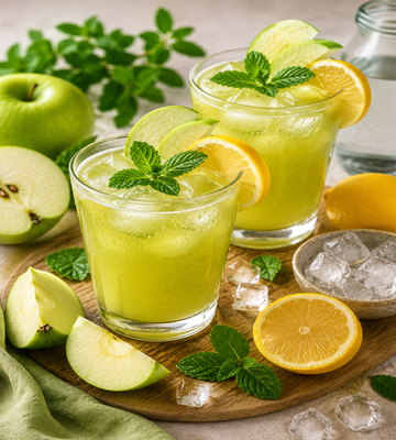 Fris groen drankje met appel, citroen, munt en ijs geserveerd op houten plank