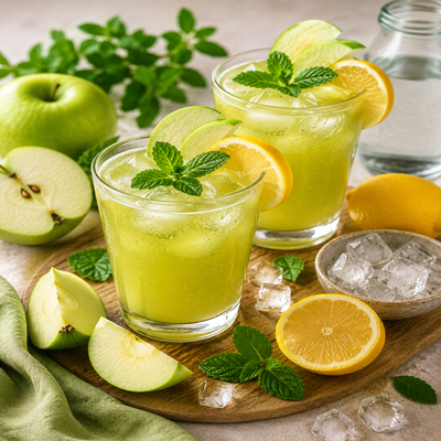 Fris groen drankje met appel, citroen, munt en ijs geserveerd op houten plank