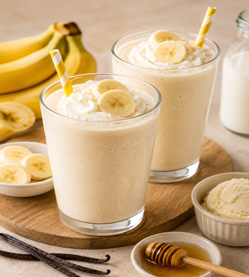 Romige banaan vanille milkshake met slagroom, banaanschijfjes, honing en vanille-ijs