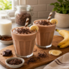 Twee romige banaan chocolade milkshakes in glazen, gegarneerd met chocoladeschaafsel en banaanschijfjes, geserveerd op een houten plank met bananen en chocolade op de achtergrond