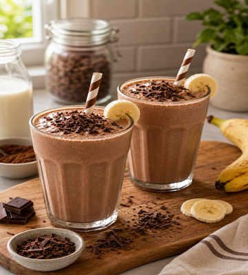 Twee romige banaan chocolade milkshakes in glazen, gegarneerd met chocoladeschaafsel en banaanschijfjes, geserveerd op een houten plank met bananen en chocolade op de achtergrond