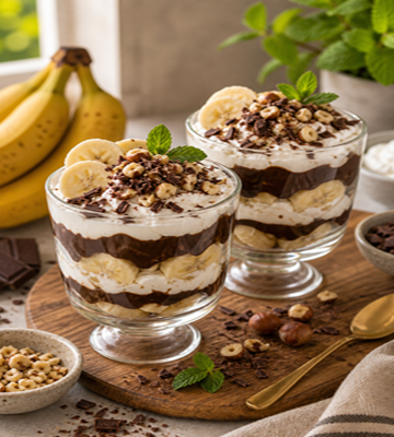 Twee glazen desserts met lagen room, banaan en chocolade, gegarneerd met banaanschijfjes, chocoladeschaafsel en munt, geserveerd op een houten plank