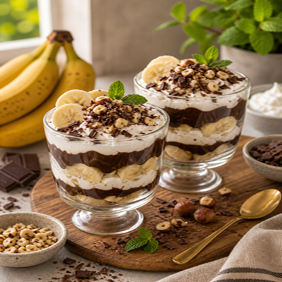 Twee glazen desserts met lagen room, banaan en chocolade, gegarneerd met banaanschijfjes, chocoladeschaafsel en munt, geserveerd op een houten plank