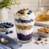 Parfait met blauwe bessen, yoghurt en granola in een hoog glas