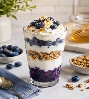 Parfait met blauwe bessen, yoghurt en granola in een hoog glas