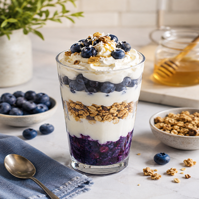 Parfait met blauwe bessen, yoghurt en granola in een hoog glas