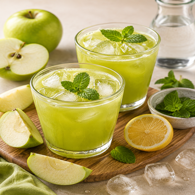 Verfrissend groen detox sap met groene appel, citroen, munt en ijsblokjes