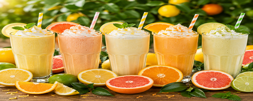 Frisse citrus milkshakes met sinaasappel, grapefruit en limoen