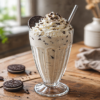 Romige cookies & cream milkshake in een hoog glas, getopt met slagroom en chocoladestukjes, geserveerd op een houten tafel met koekjes ernaast