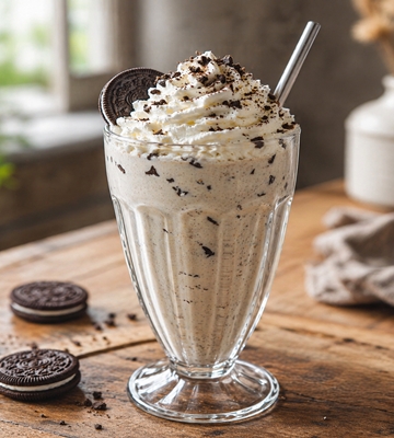 Romige cookies & cream milkshake in een hoog glas, getopt met slagroom en chocoladestukjes, geserveerd op een houten tafel met koekjes ernaast