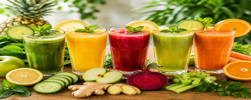 Gezonde detox fruitsappen met groente, citrusvruchten en verse ingrediënten