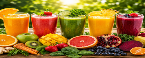 Kleurrijke energie fruitsappen met vers fruit en gezonde ingrediënten