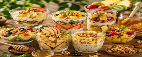 Desserts met fruit, honing en noten in glazen schaaltjes gepresenteerd