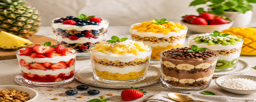 Meerdere glazen parfaits en laagjesdesserts met fruit, room, chocolade en koekjes, stijlvol gepresenteerd op tafel.