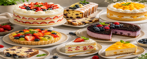 Een tafel gevuld met verschillende fruittaarten, cheesecakes en cakes, gegarneerd met vers fruit zoals aardbeien en blauwe bessen.