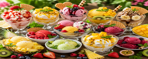 Assortiment fruitige ijsdesserts met verschillende smaken en vers fruit