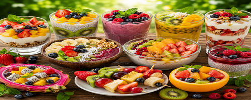 Gezonde fruitdesserts en smoothie bowls met vers fruit en yoghurt