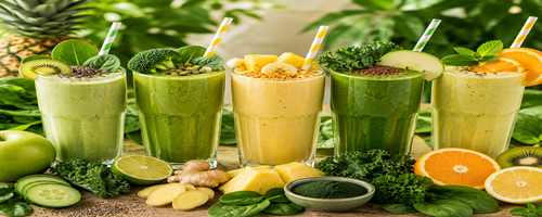 Groene vitamine boost milkshakes met fruit, spinazie en citrusvruchten