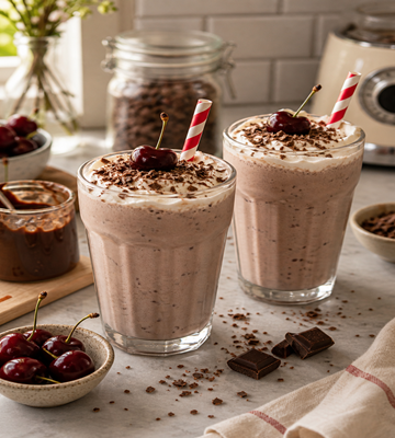 Twee glazen chocolade milkshakes met slagroom, chocoladeschaafsel en kersen bovenop, geserveerd op een tafel met losse kersen, chocolade en een blender op de achtergrond