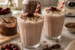 Twee glazen chocolade milkshakes met slagroom, chocoladeschaafsel en kersen bovenop, geserveerd op een tafel met losse kersen, chocolade en een blender op de achtergrond