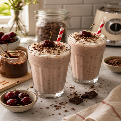 Twee glazen chocolade milkshakes met slagroom, chocoladeschaafsel en kersen bovenop, geserveerd op een tafel met losse kersen, chocolade en een blender op de achtergrond
