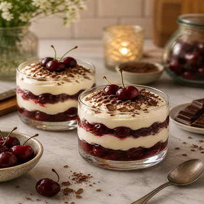 Twee glazen desserts met lagen romige vulling en chocolade, gegarneerd met kersen bovenop, geserveerd op een tafel met losse kersen, chocolade en een lepel in een sfeervolle setting