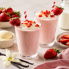 Romige aardbei vanille milkshake met slagroom, verse aardbeien en vanillestokjes in hoge glazen
