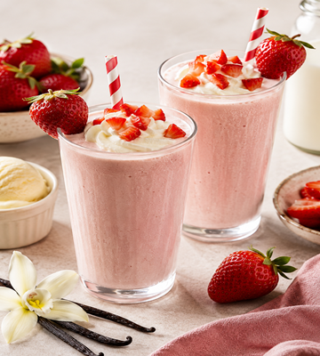 Romige aardbei vanille milkshake met slagroom, verse aardbeien en vanillestokjes in hoge glazen