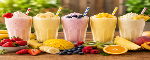Klassieke fruit milkshakes met aardbei, banaan en tropisch fruit