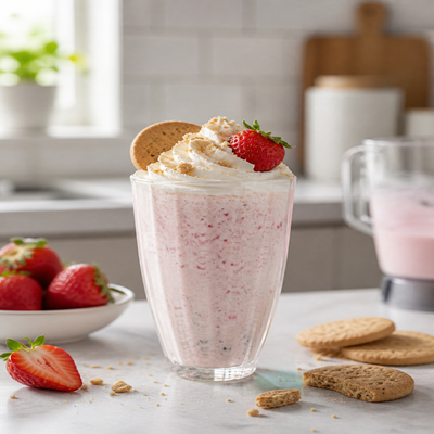 Romige aardbei milkshake in een glas, getopt met slagroom en een verse aardbei, geserveerd met koekjes op een lichte keukenachtergrond