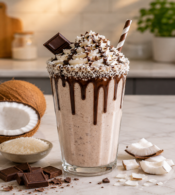 Chocolade kokos milkshake met slagroom, chocoladesaus en kokosstukjes