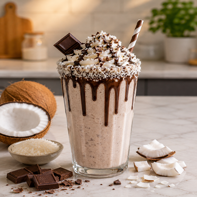 Chocolade kokos milkshake met slagroom, chocoladesaus en kokosstukjes