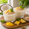 Twee glazen kokos ijsdesserts gegarneerd met mango, kokosrasp en verse munt, geserveerd op een houten plank met kokosnoot en mango op de achtergrond