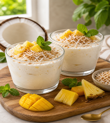 Twee glazen kokos ijsdesserts gegarneerd met mango, kokosrasp en verse munt, geserveerd op een houten plank met kokosnoot en mango op de achtergrond