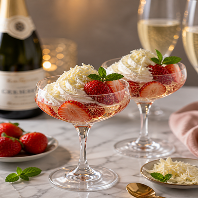 Twee glazen dessertcoupe met aardbeien en slagroom, gegarneerd met munt, geserveerd op een tafel met een fles op de achtergrond en extra aardbeien ernaast