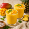 Verfrissend mango ananas sap met ijsblokjes, verse mango, ananas en munt in hoge glazen