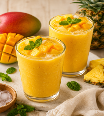 Verfrissend mango ananas sap met ijsblokjes, verse mango, ananas en munt in hoge glazen