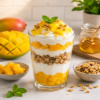 Mango parfait met room, granola en verse mango in een dessertglas