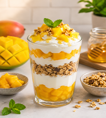 Mango parfait met room, granola en verse mango in een dessertglas