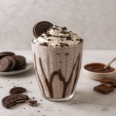 Romige chocolade milkshake in een glas met chocoladesaus langs de binnenkant, getopt met slagroom en Oreo koekjes, geserveerd op een lichte ondergrond met stukjes chocolade ernaast