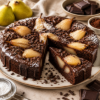 Rijke chocoladetaart met gepocheerde peren, chocoladeganache en chocoladeschaafsel