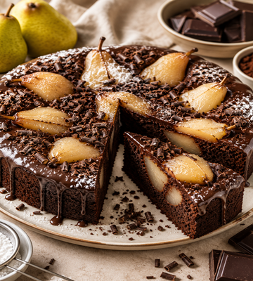 Rijke chocoladetaart met gepocheerde peren, chocoladeganache en chocoladeschaafsel