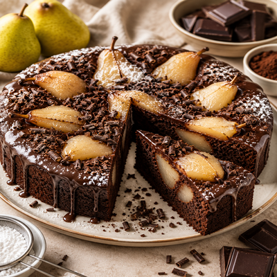 Rijke chocoladetaart met gepocheerde peren, chocoladeganache en chocoladeschaafsel