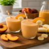 Twee glazen romig perzik banaan sap gegarneerd met perzikschijfjes, geserveerd op een houten plank met verse perziken, banaan en een fles sap op de achtergrond