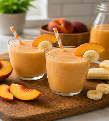 Twee glazen romig perzik banaan sap gegarneerd met perzikschijfjes, geserveerd op een houten plank met verse perziken, banaan en een fles sap op de achtergrond