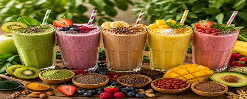 Kleurrijke superfood milkshakes met fruit, zaden en gezonde toppings