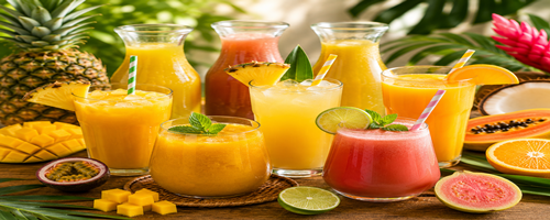 Meerdere glazen tropische fruitsappen in verschillende kleuren, geserveerd met exotisch fruit zoals mango, limoen, sinaasappel en guave.
