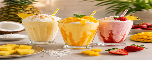 Drie romige tropische milkshakes in verschillende smaken, gegarneerd met vers fruit zoals mango, aardbei en ananas.