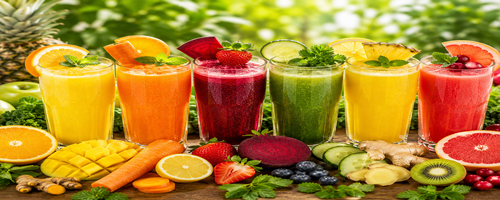 Verschillende vitamine boost fruitsappen met vers fruit en groenten
