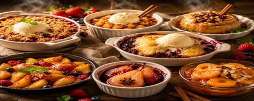 Warme fruitdesserts met crumble, ijs en gebakken fruit in schaaltjes
